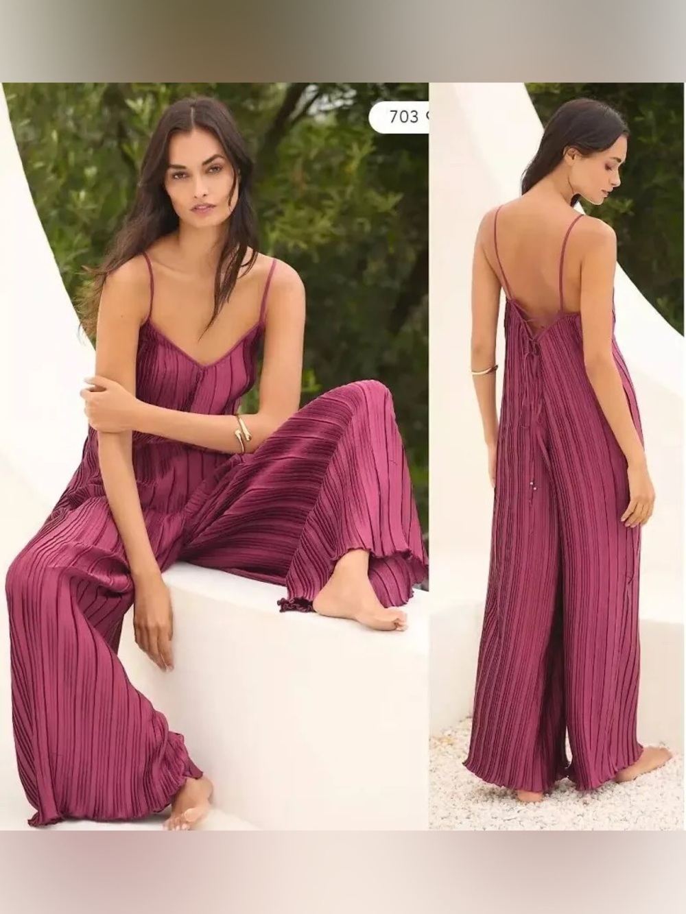Anthropologie Sleeveless Plissé Jumpsuit size S in Wine - Picture 5 of 13